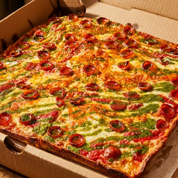 Square pizza with pepperoni, red sauce, and green pesto stripes in a cardboard box.