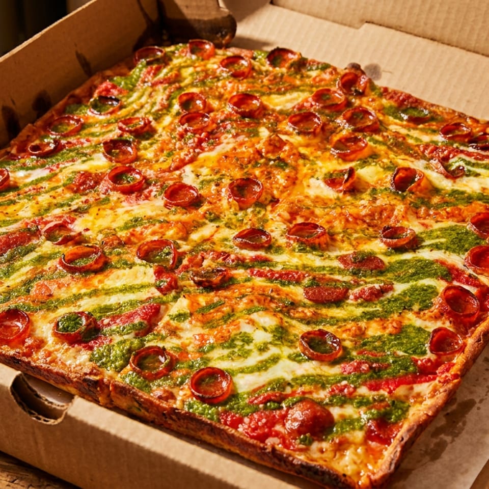 Square pizza with pepperoni, red sauce, and green pesto stripes in a cardboard box.