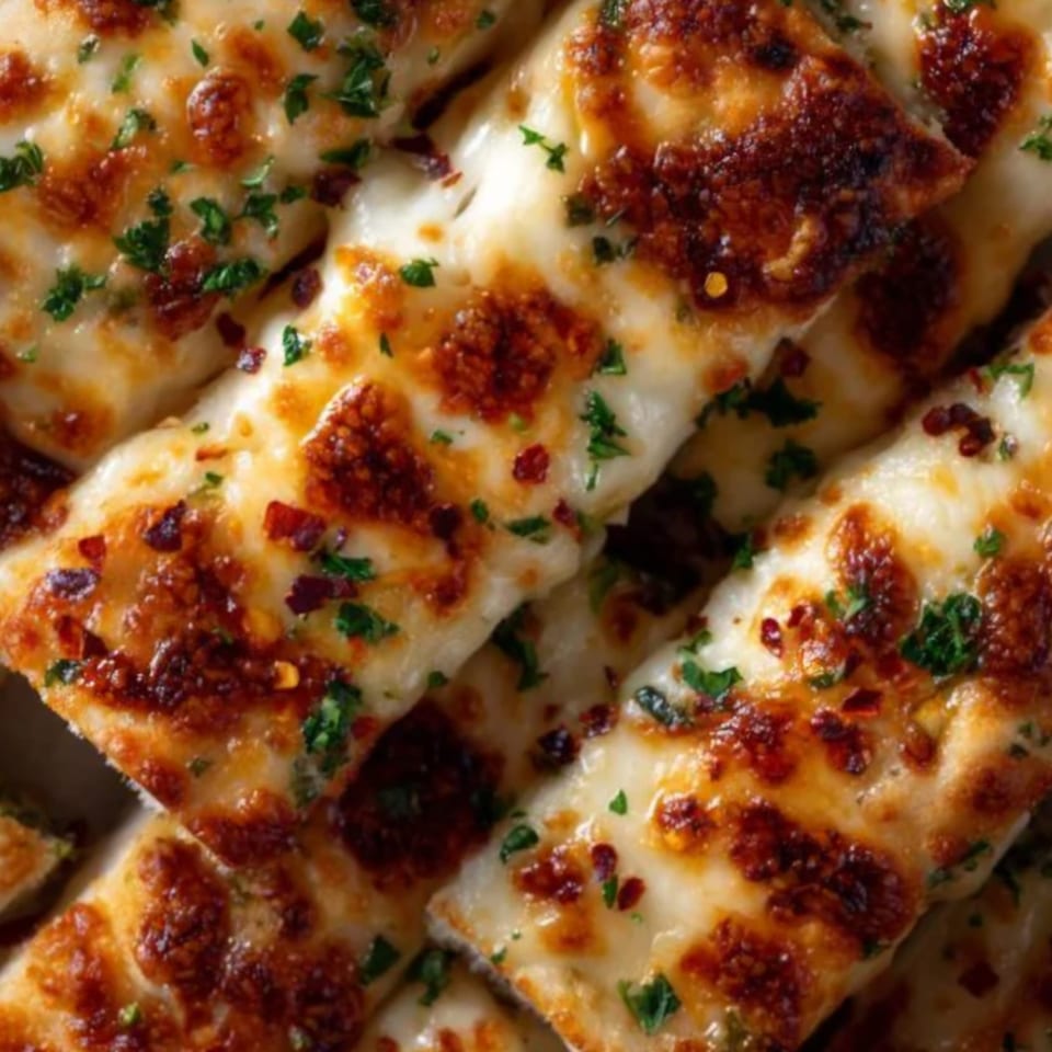 Close-up of cheesy breadsticks with melted mozzarella, golden-brown crust, green herbs, and red pepper flakes.