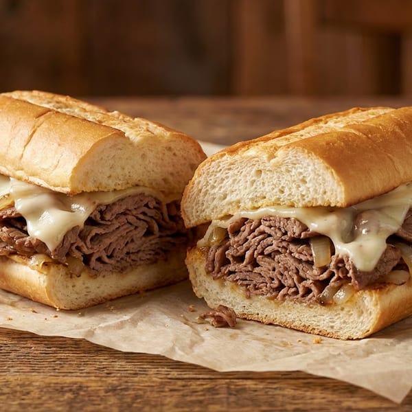 Two hearty cheesesteak sandwiches with melted cheese and onions on parchment paper on a wooden table.
