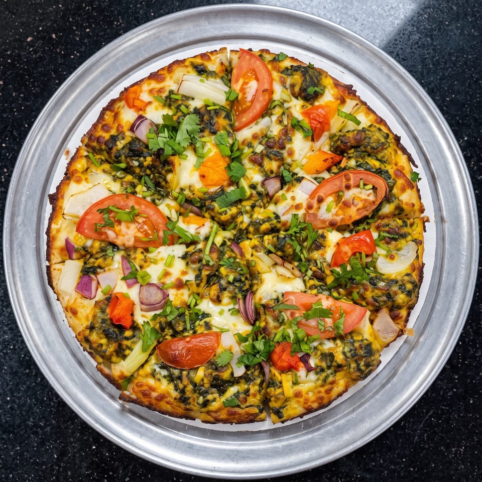 A colorful pizza with pesto, melted cheese, tomatoes, onions, and fresh cilantro on a metal tray.