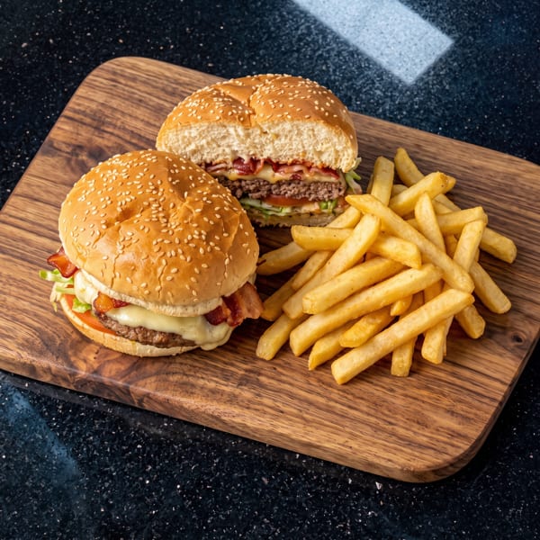 Two bacon cheeseburgers, one cut in half, with a side of golden fries on a wooden board.