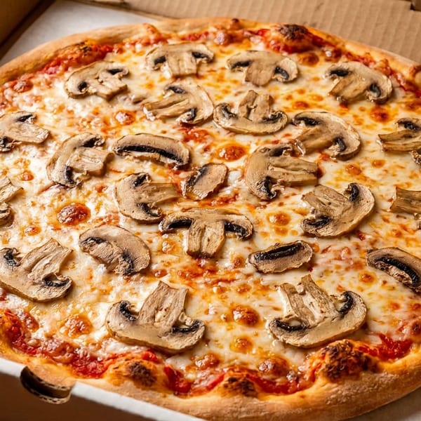 Mushroom pizza with melted cheese and tomato sauce in a cardboard delivery box.