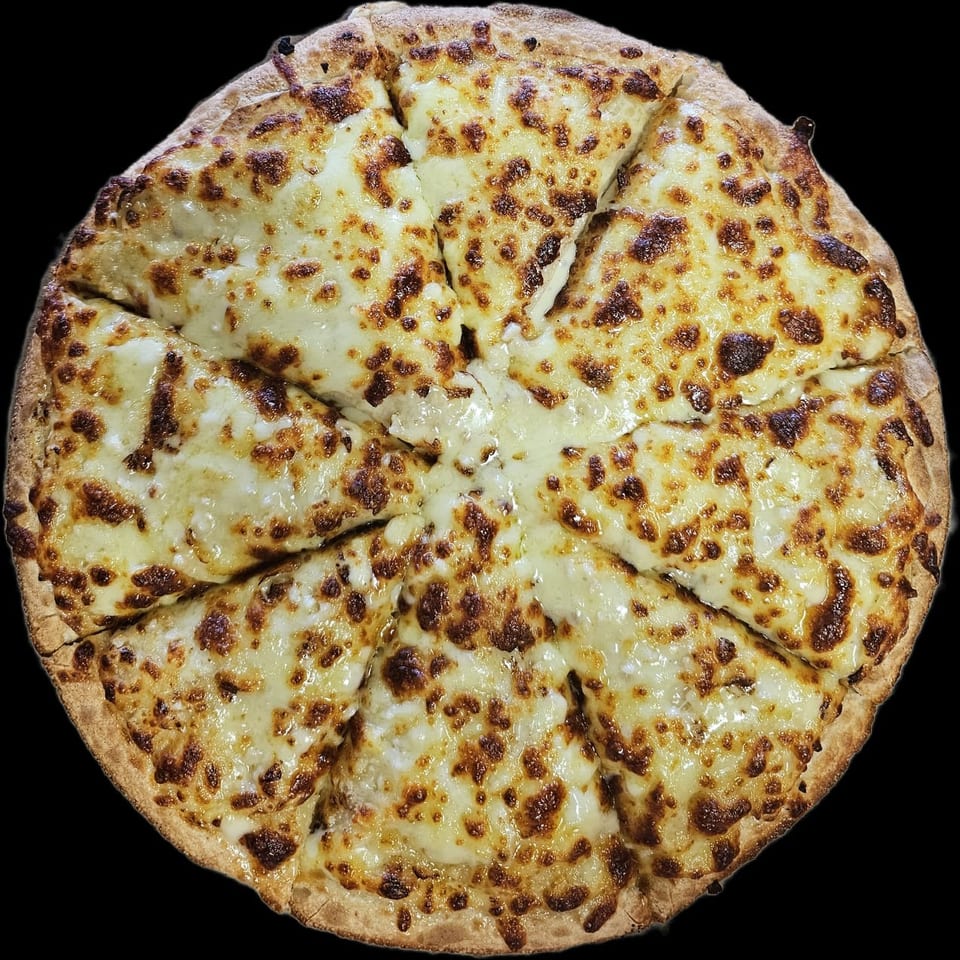 A whole cheese pizza, cut into eight slices, with a golden-brown crust and melted cheese.